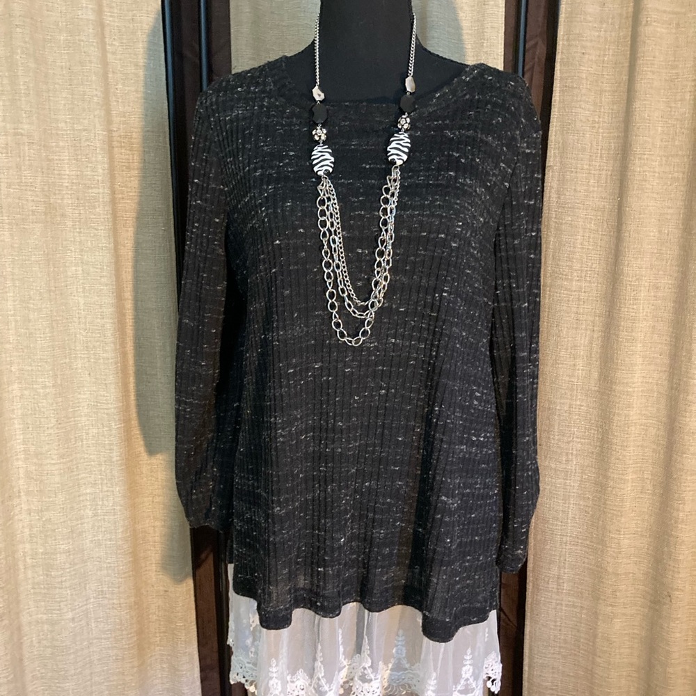 Black with lace long sleeve shirt. By AGB. Size X-Large excellent condition.